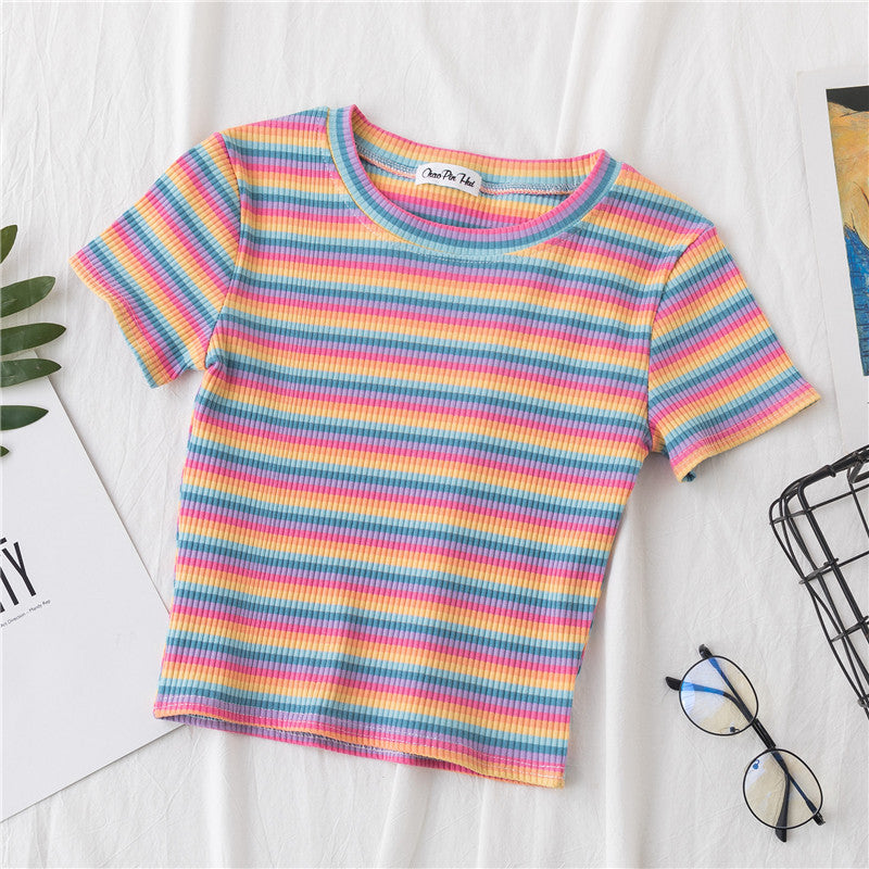 Rainbow Stripe Polo Crop Top