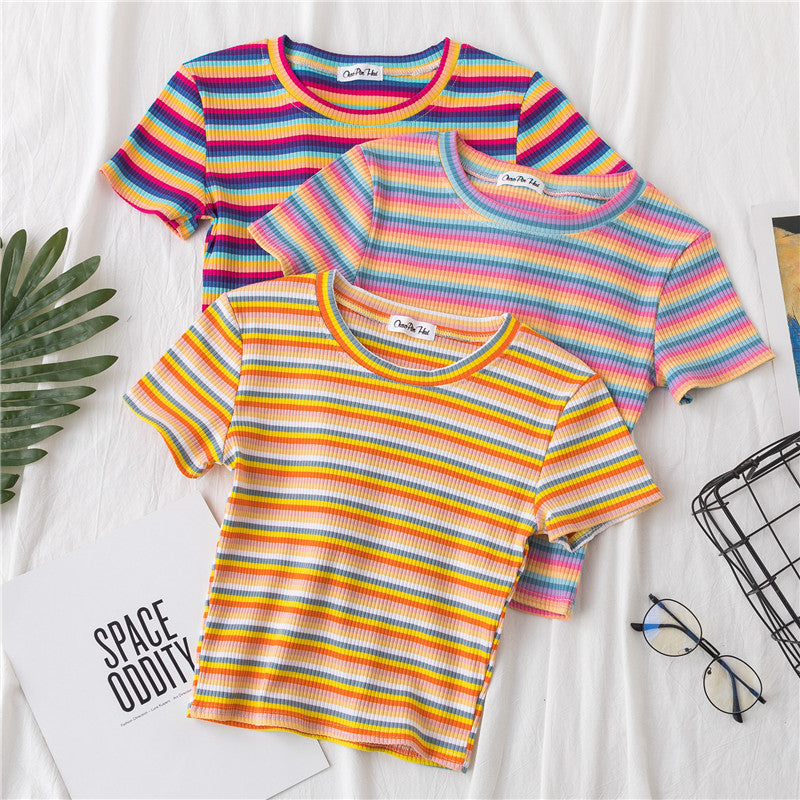Rainbow Stripe Polo Crop Top