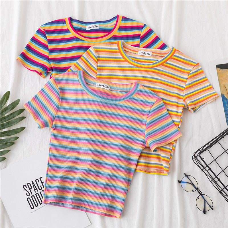 Rainbow Stripe Polo Crop Top