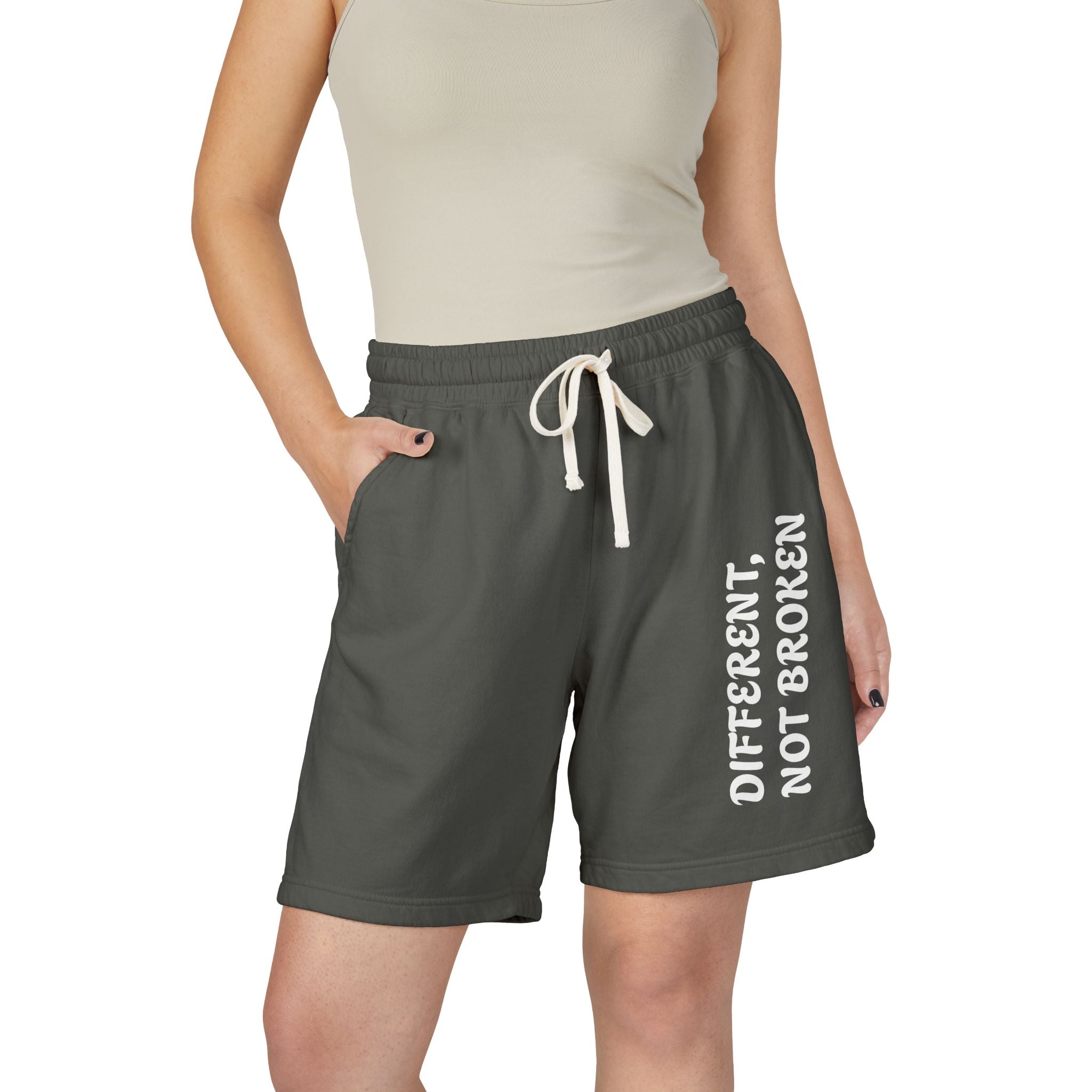 Fleece Sweat Shorts — Lightweight Garment-Dyed Lounge Shorts with 'Different Not Broken' Side Print