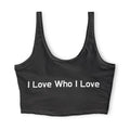 I Love Who I Love Sports Bra — Black Affirmation Activewear for Pride & Everyday Comfort