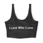 I Love Who I Love Sports Bra — Black Affirmation Activewear for Pride & Everyday Comfort