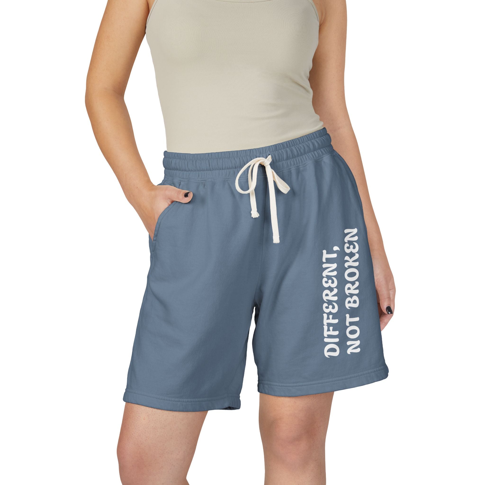 Fleece Sweat Shorts — Lightweight Garment-Dyed Lounge Shorts with 'Different Not Broken' Side Print