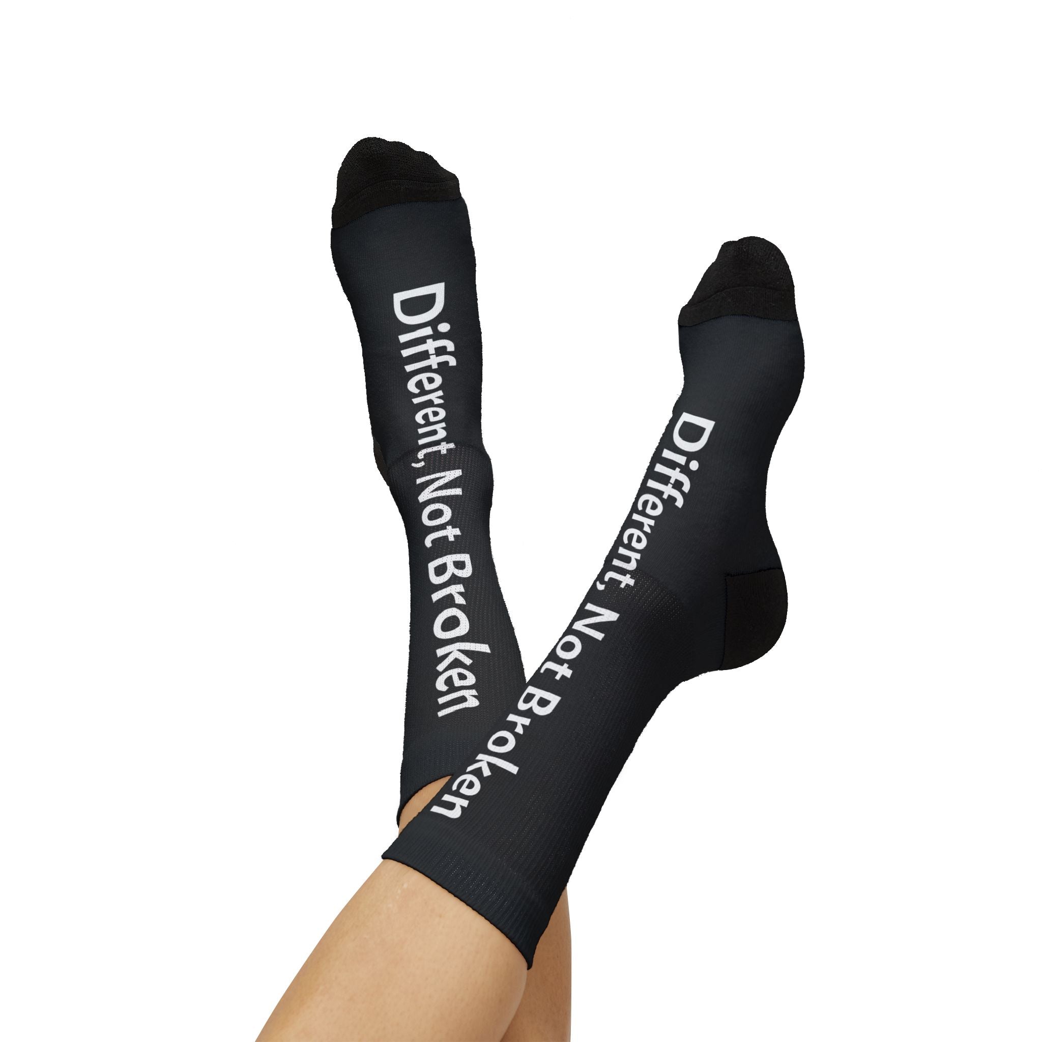 "Different, Not Broken" Sublimation Socks - Black Inspirational Crew Socks